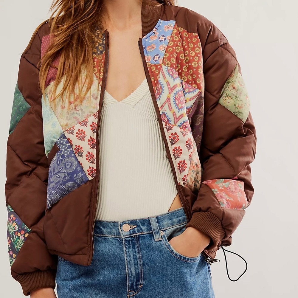 Found Patchwork Quilted Bomber Jacket Brown Floral Paisley Full Zip Womens M
